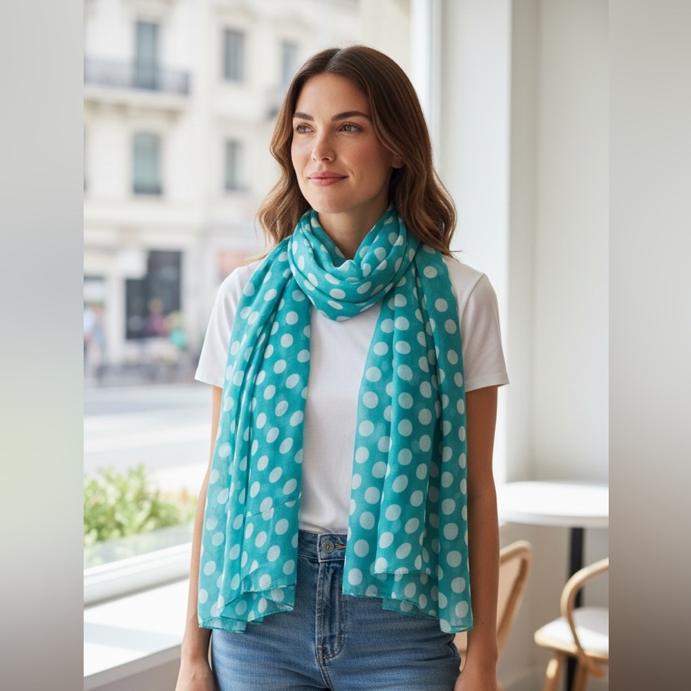 Rectangular Polka Dot Scarf NWT Lightweight Classic Chic Teal